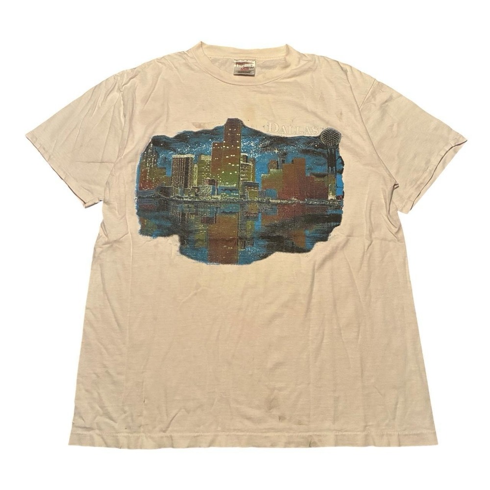 Vintage 90s Dallas Texas Skyline Reunion Tower T-Shirt Oneita Large White Cream